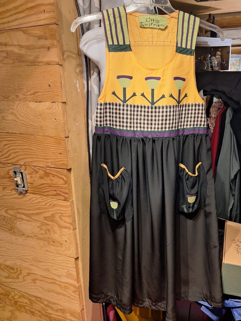 s Yellow & Black Floral Apron Dress